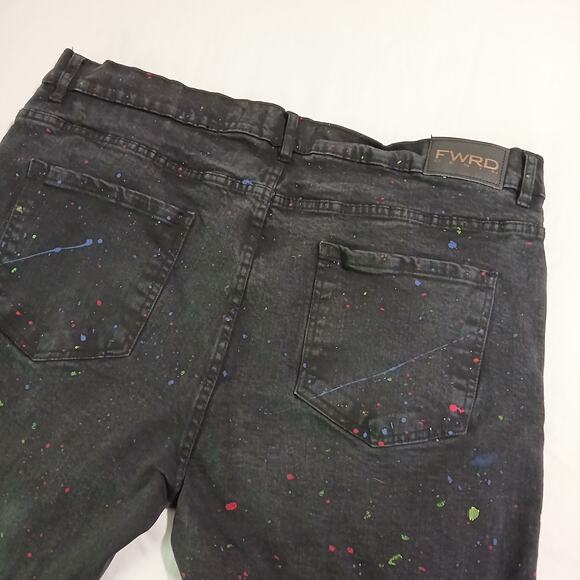 FWRD Denim 42 black skinny jeans paint splatter effect inseam 34 inset knees - Picture 7 of 12
